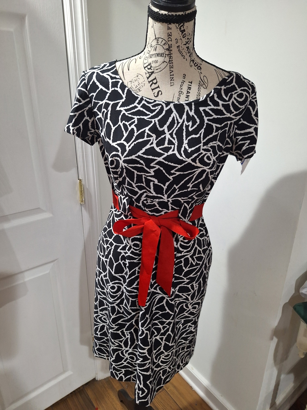 Black & White Floral Midi Dress with Red Waist Tie